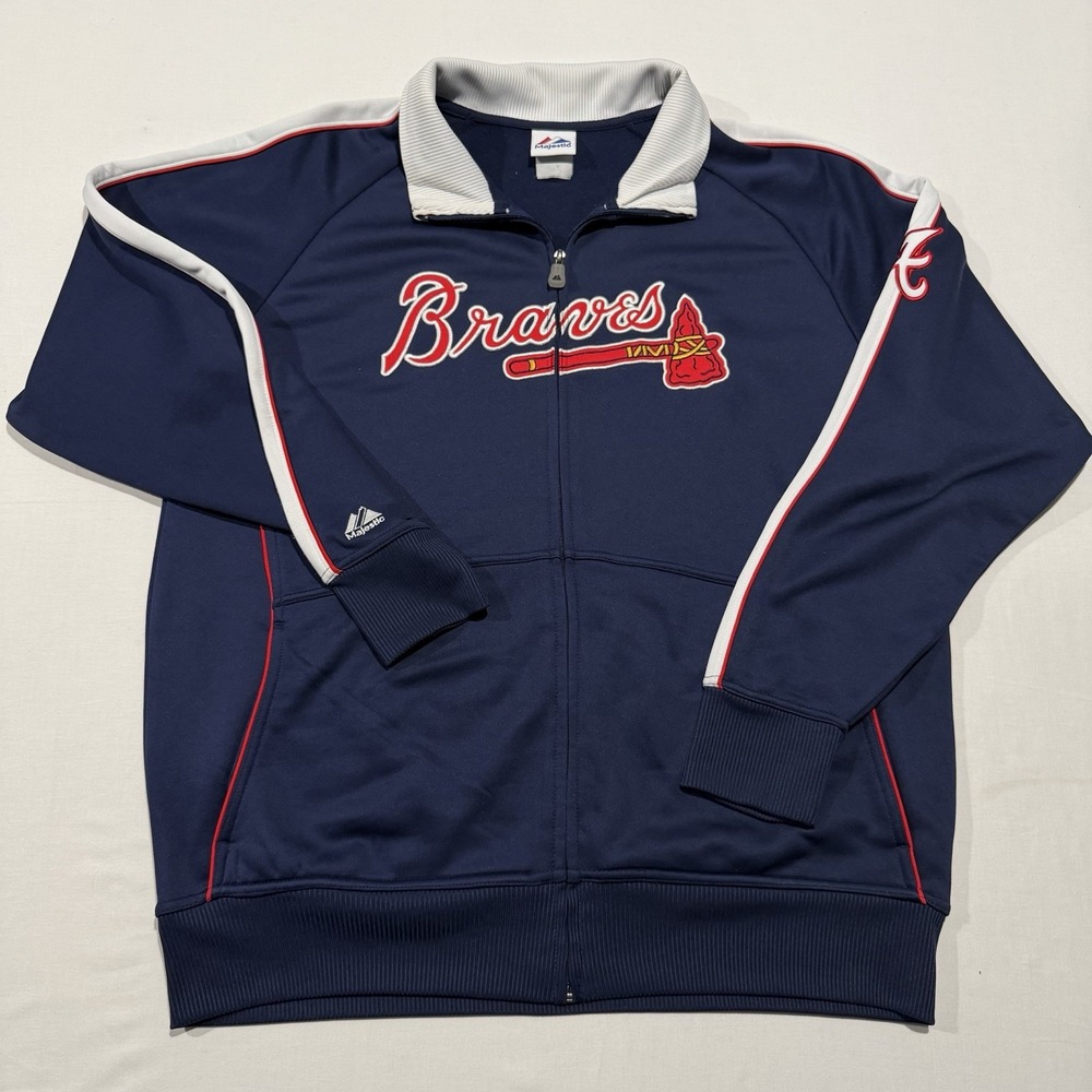 Majestic Atlanta Braves Track Jacket Mens L Zip Navy Blue Embroidered MLB Warmup